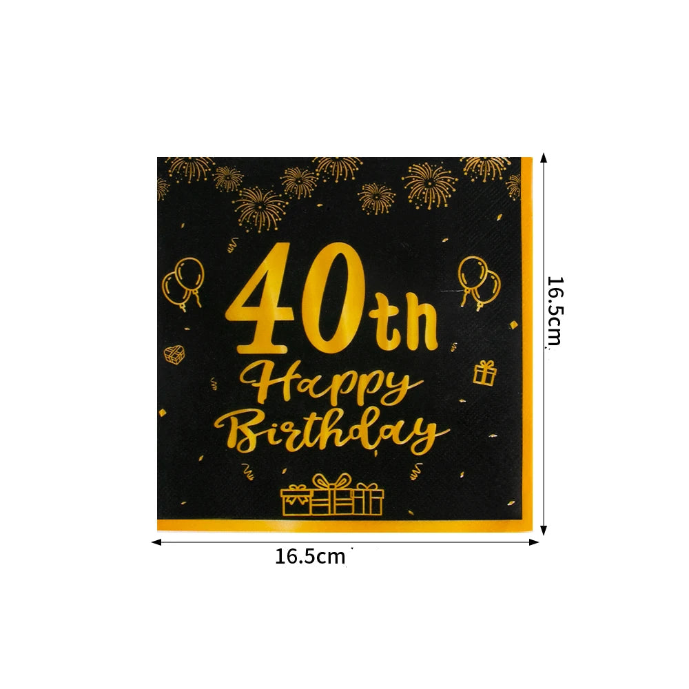 Serviette 40th Happy Birthday Noir et Or Stylé
