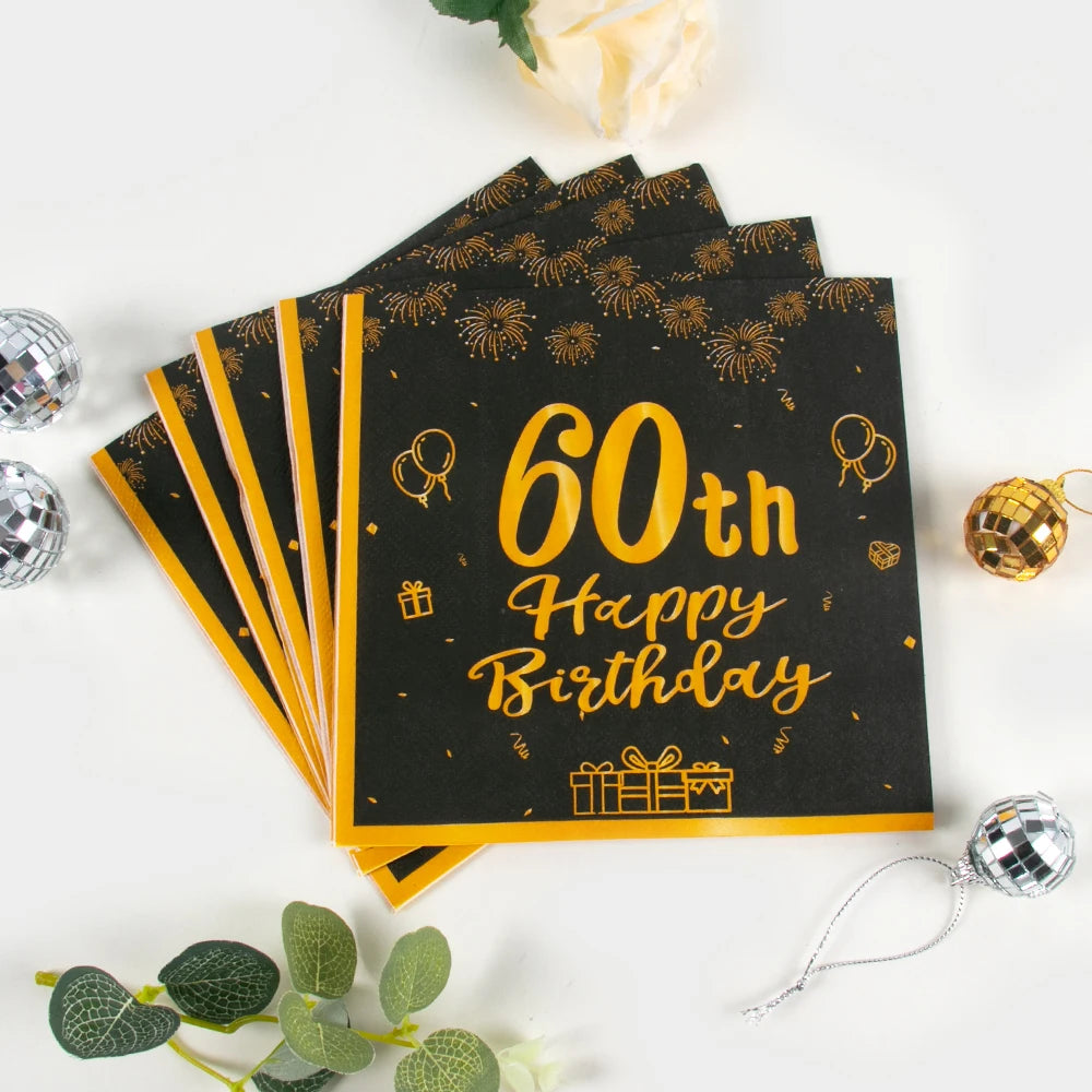 Serviette 60th Happy Birthday noir et or 