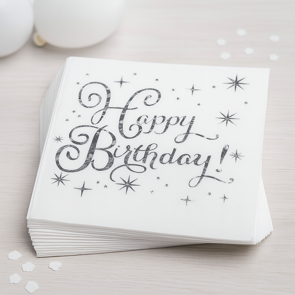 Serviette Anniversaire Blanc Argenté