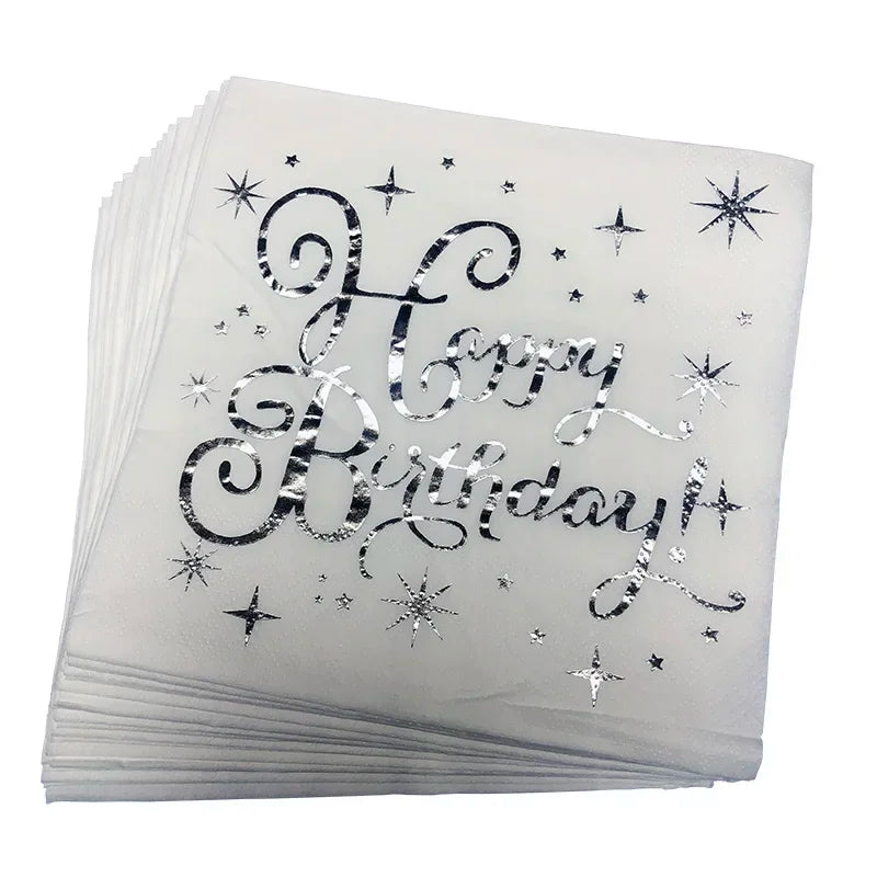 Serviette Anniversaire Blanc Argenté