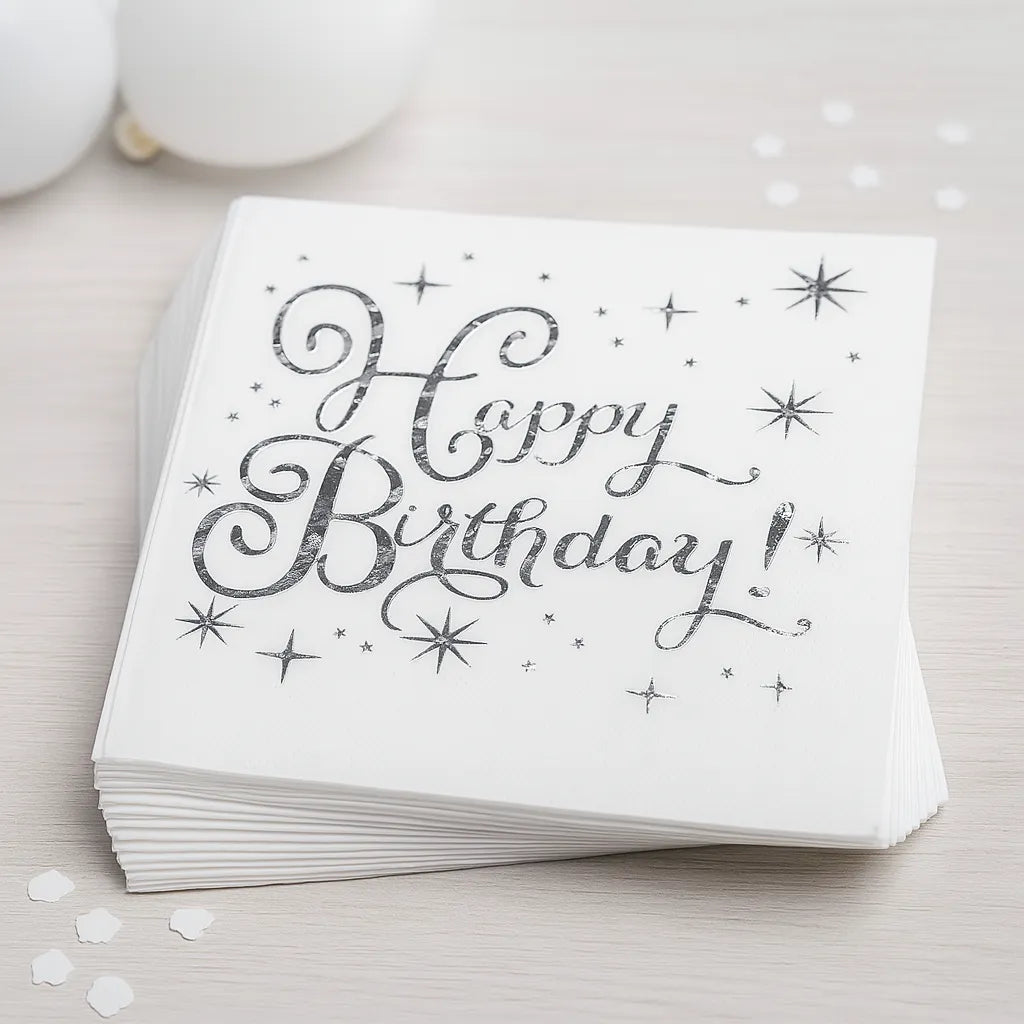 Serviette Anniversaire Blanc Argenté 1