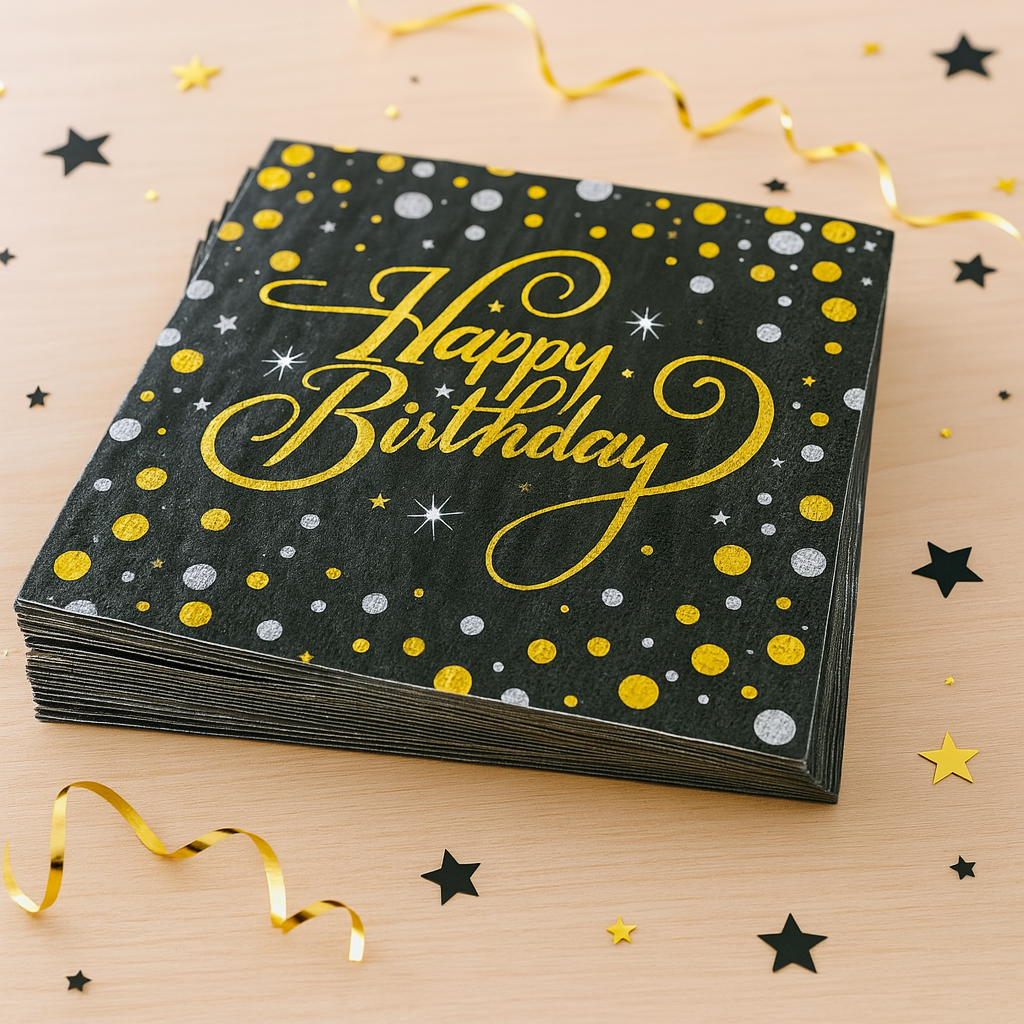 Serviette Happy Birthday Noir et Or