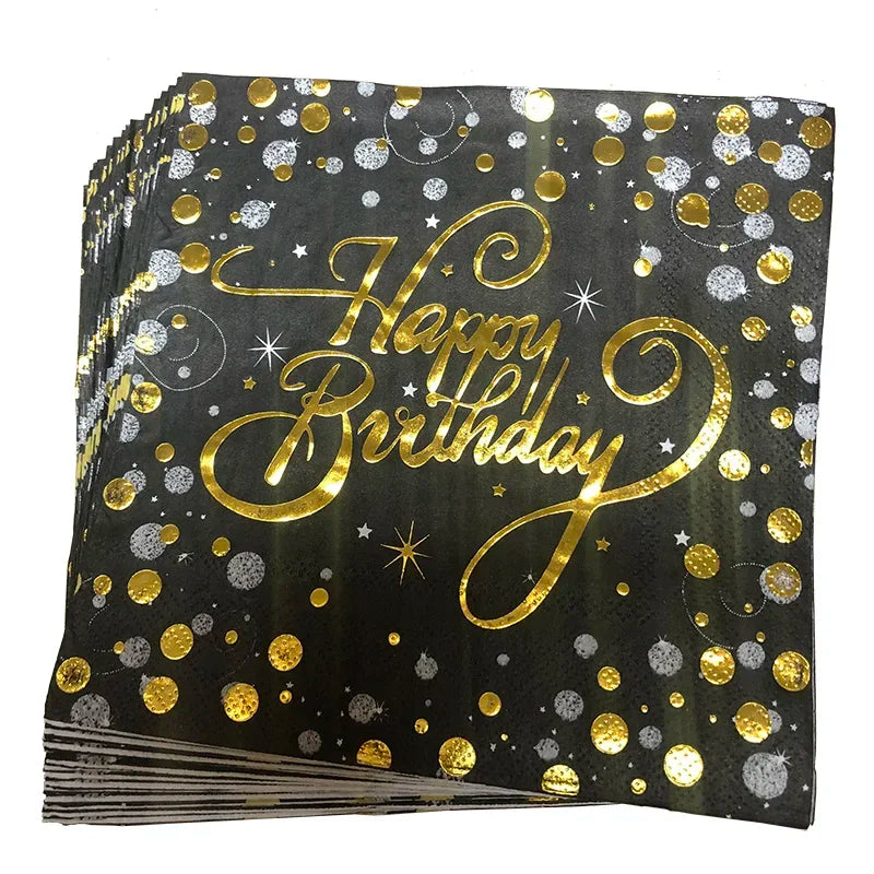 Serviette Happy Birthday Noir et Or