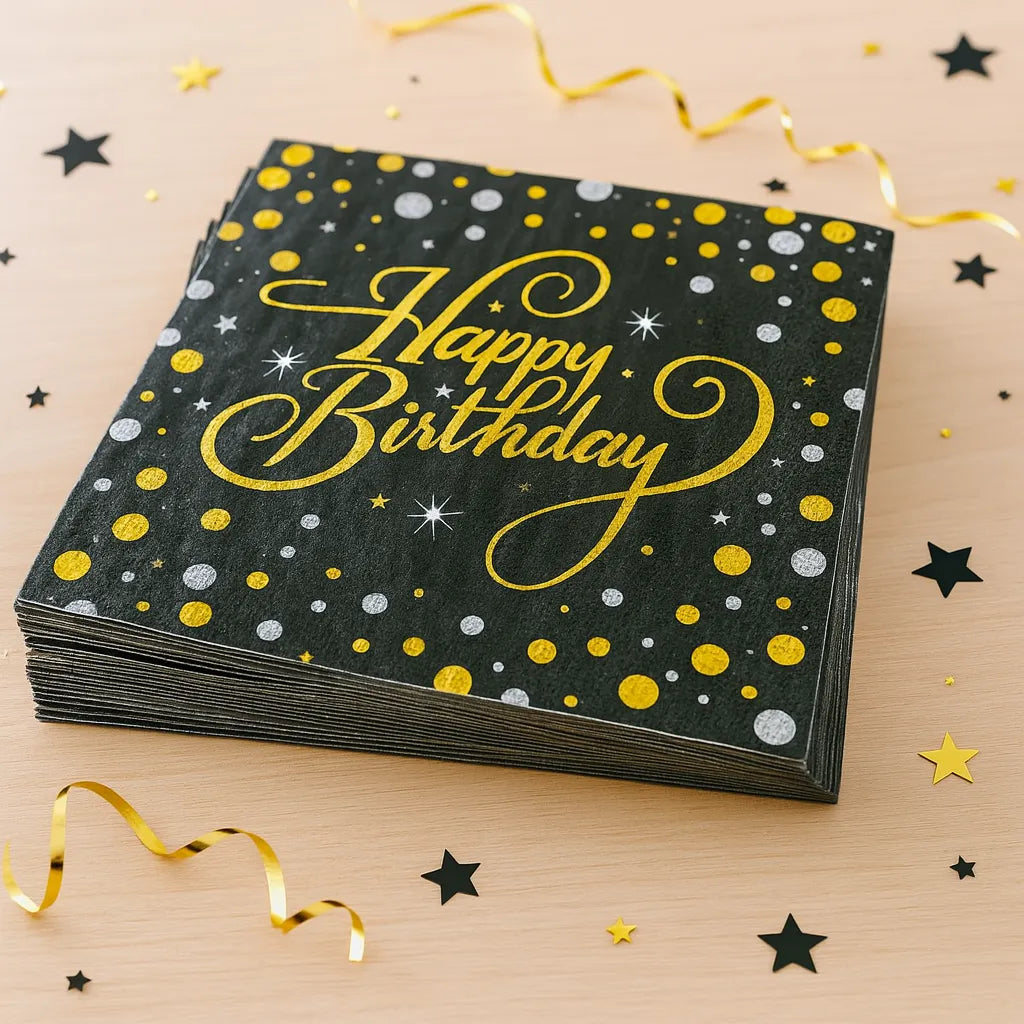 Serviette Happy Birthday Noir et Or Fun