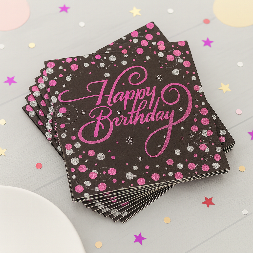 Serviette Happy Birthday Noir et Rose