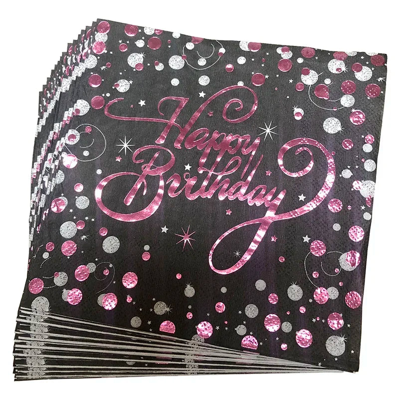 Serviette Happy Birthday Noir et Rose