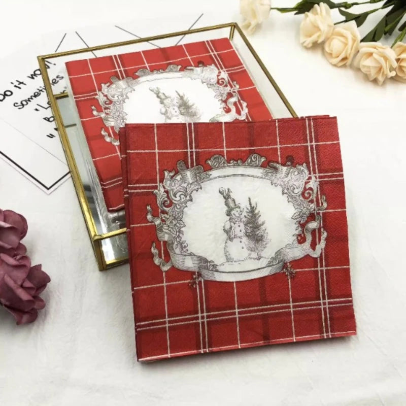 Serviette Noël Carreaux Rouge Bonhomme de Neige
