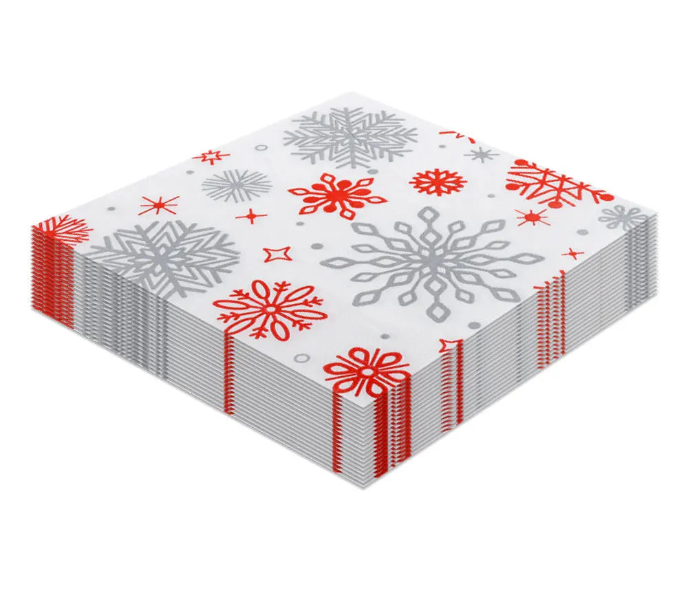 Serviette Noël en Papier Flocons Rouge et Gris Design