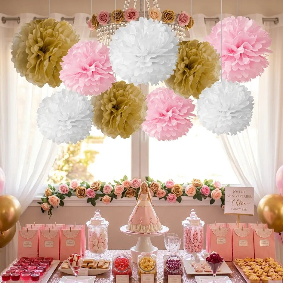 Set de Pompons en Papier de soie Roses et Dorés Coloré