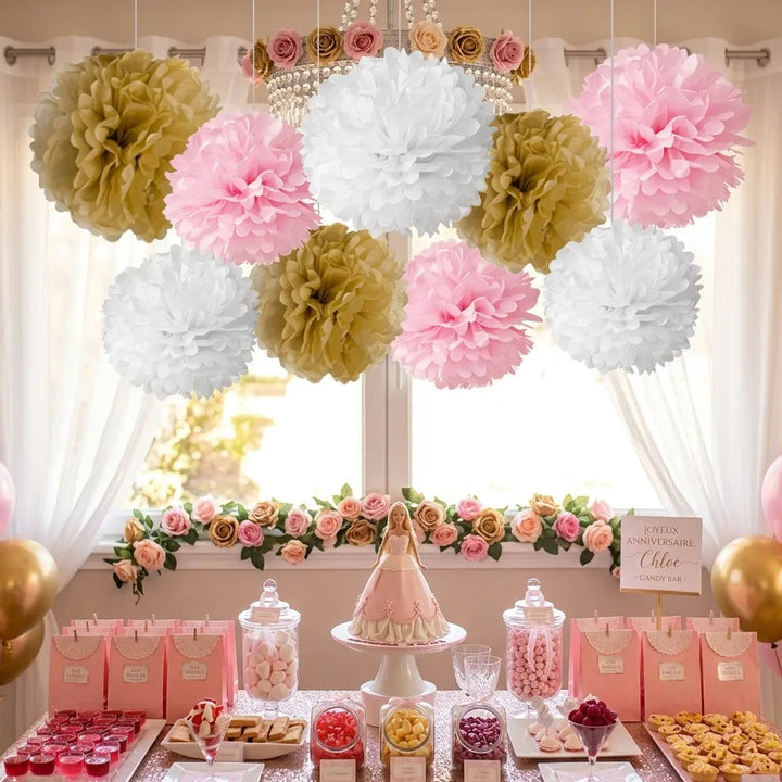 Set de Pompons en Papier de soie Roses et Dorés Coloré