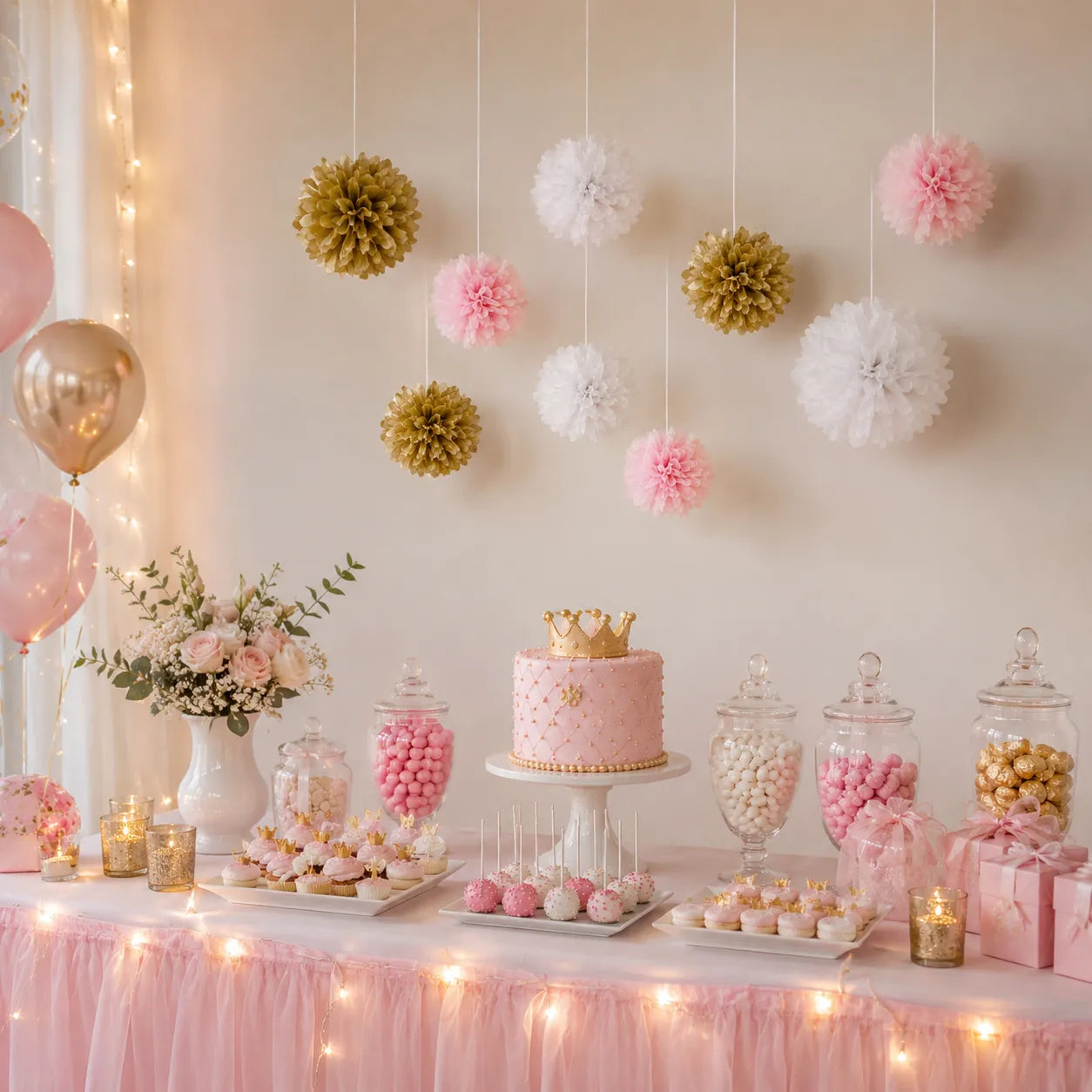 Set de Pompons en Papier de soie Roses et Dorés Moderne