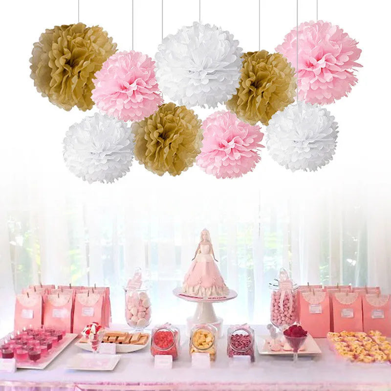 Set de Pompons en Papier de soie Roses et Dorés Stylée