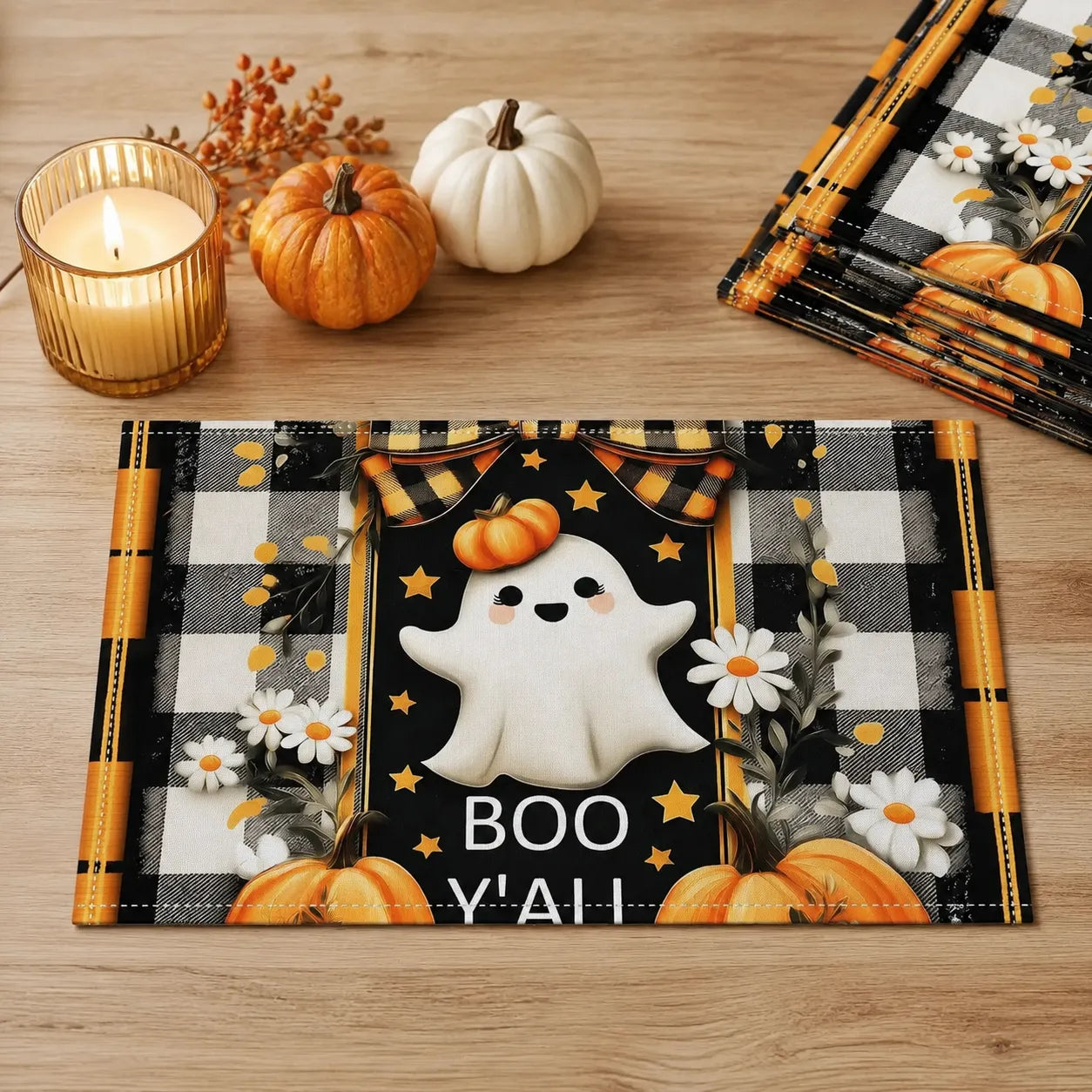 Set de Table Carreaux Noir et Blanc Fantômes Kawai