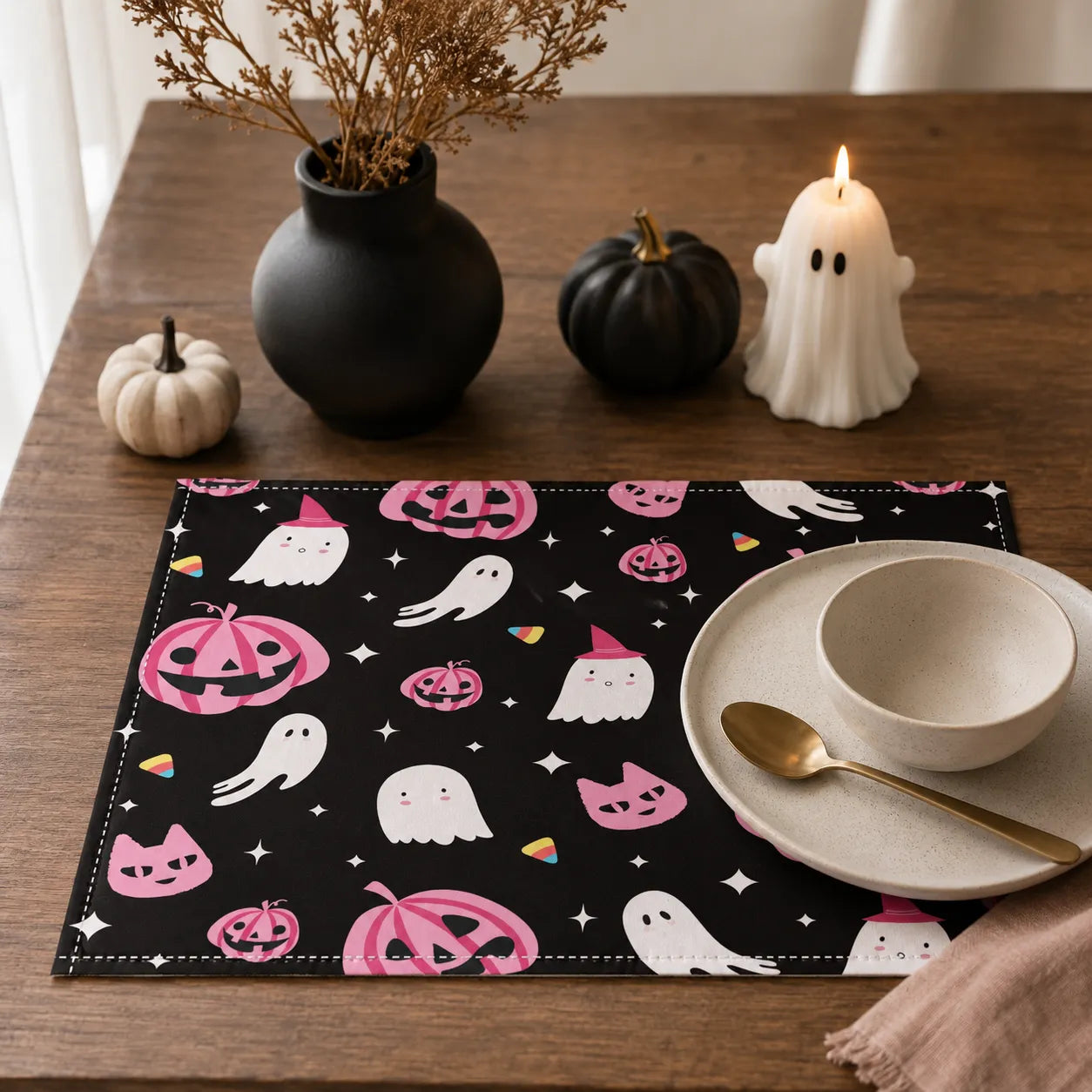 Set de Table Halloween Noir et Rose Pratique