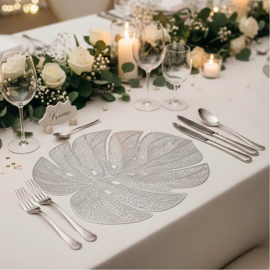 Set de Table Mariage Feuille Argenté
