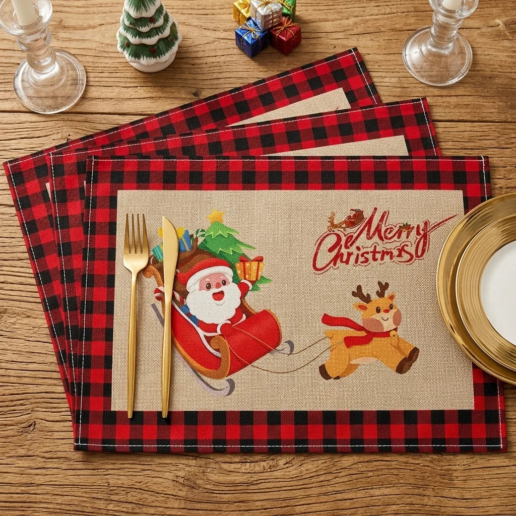 Set de Table Noël Carreaux Noir et Rouge à Motifs en coton 