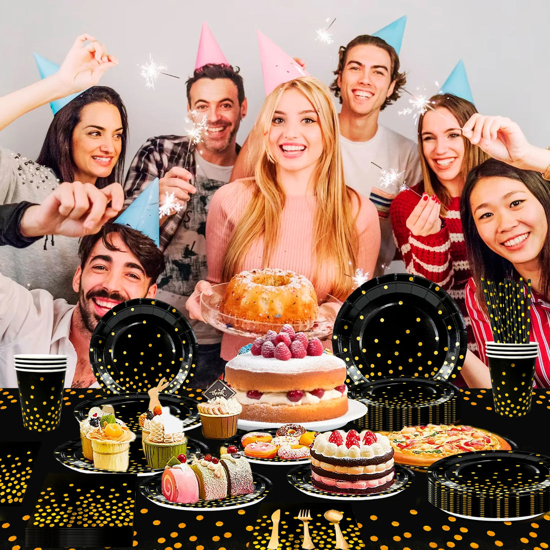 Vaisselle Jetable Noir et Or Plastique 