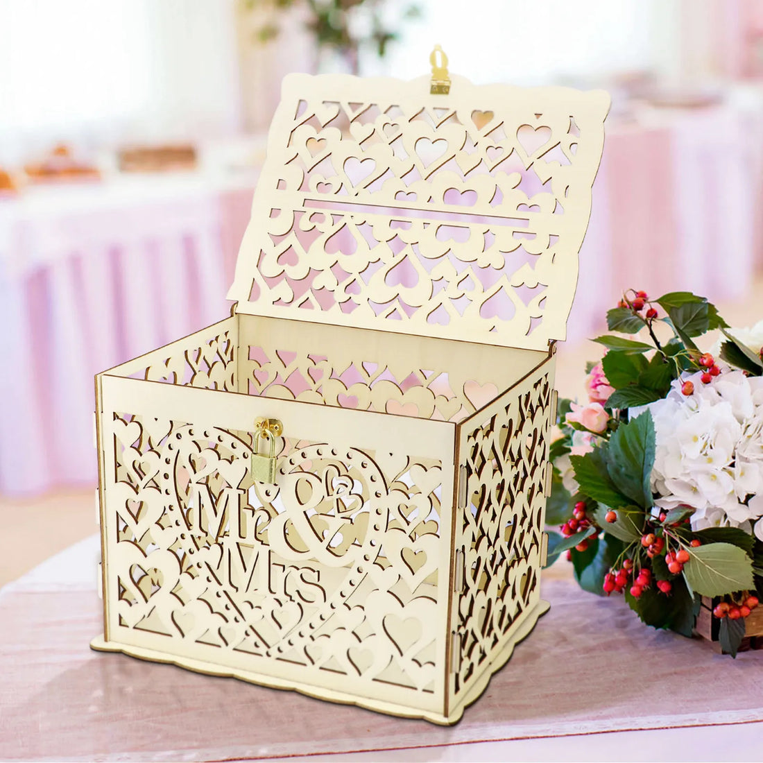Urne Mariage en Bois Ajourée Beige