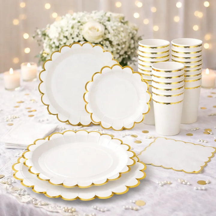 Vaisselle Jetable Mariage Blanche et Dorée