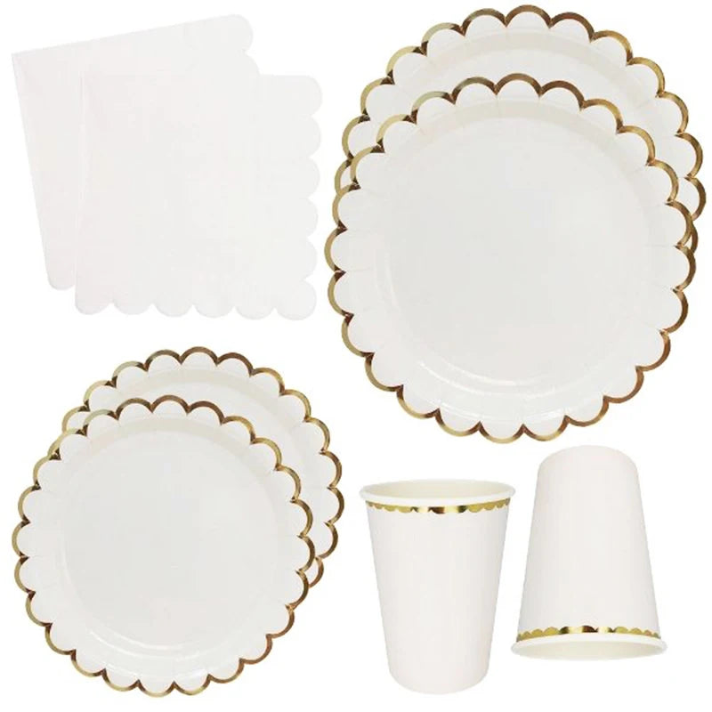 Vaisselle Jetable Mariage Blanche et Dorée Pratique