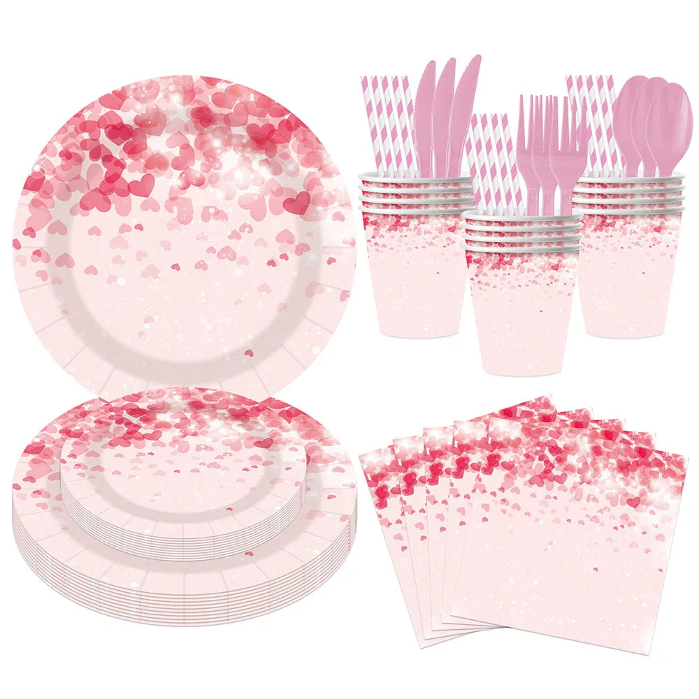 Vaisselle Jetable Mariage Rose Cœurs Complète