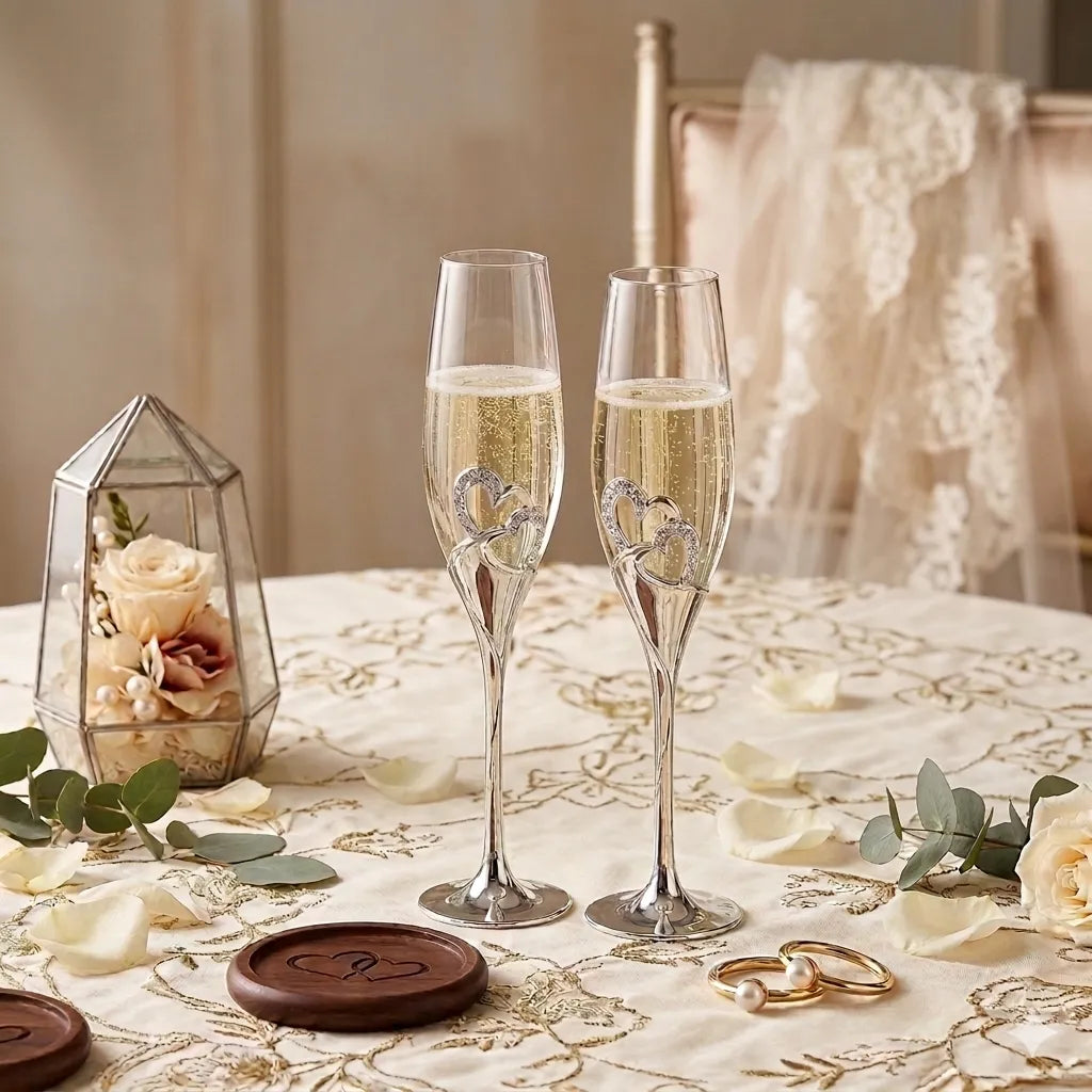 Verre à Champagne Double Cœur Argenté