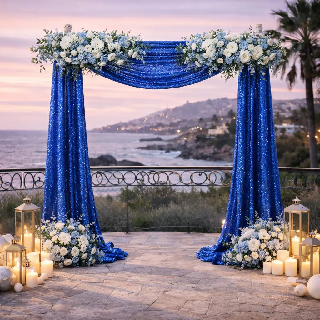 Voilage Bleu Roi à Sequins pour Arche Mariage