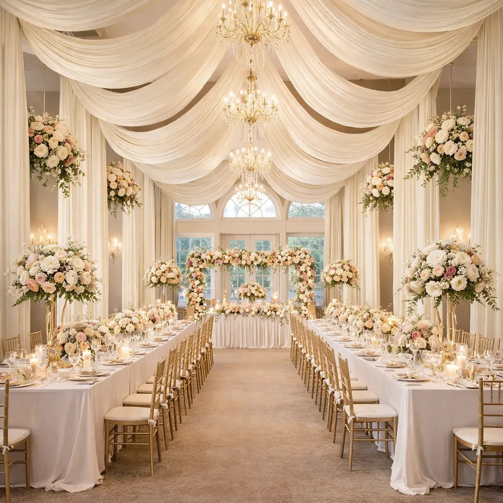 Voilage Plafond Mariage Ivoire en Satin