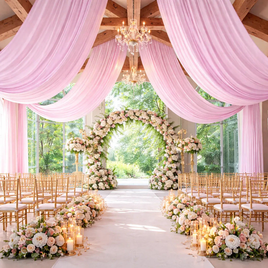 Voilage Plafond Mariage Rose Satiné