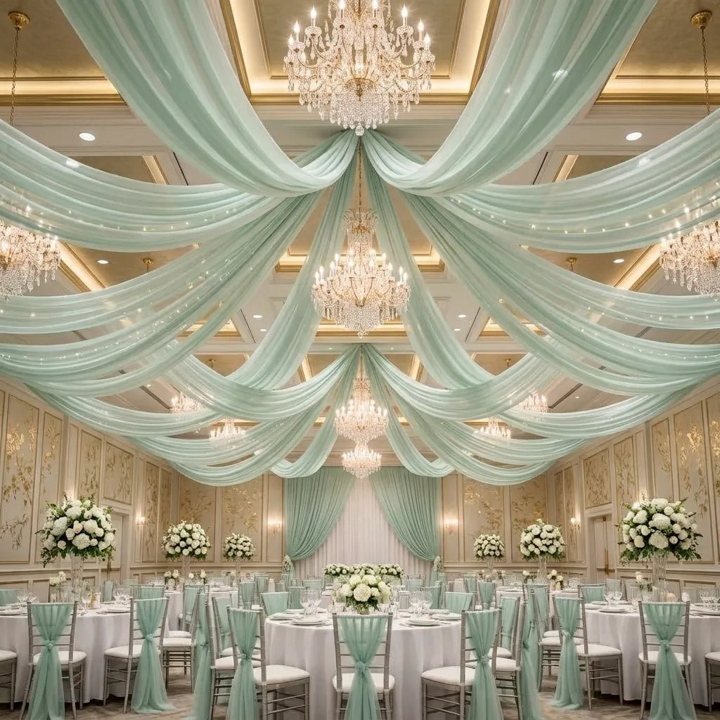 Voilage Plafond Mariage Vert Menthe en Tulle Minimaliste
