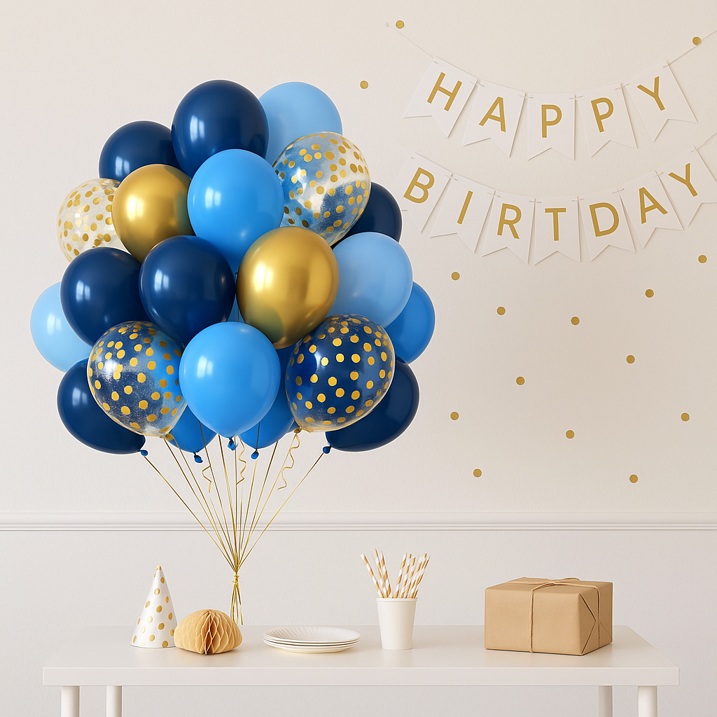 Ballons Anniversaire Latex Bleu et Doré