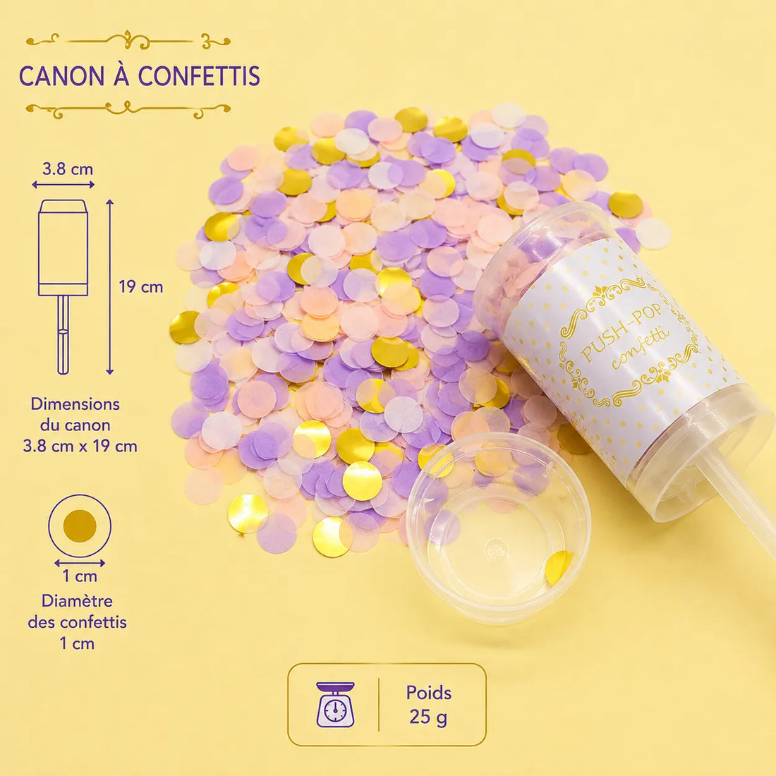 canon à confettis violets et dorés Festif Moderne