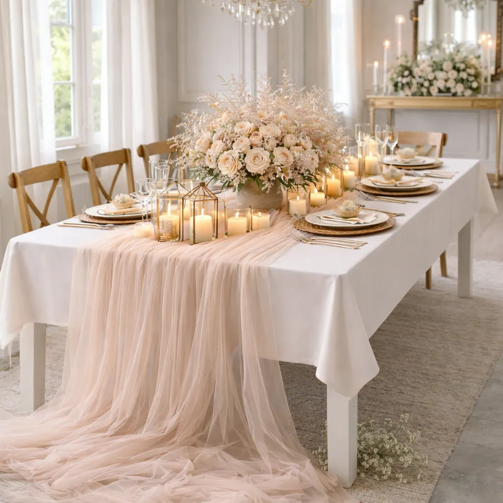 chemin de table mariage nude en tulle
