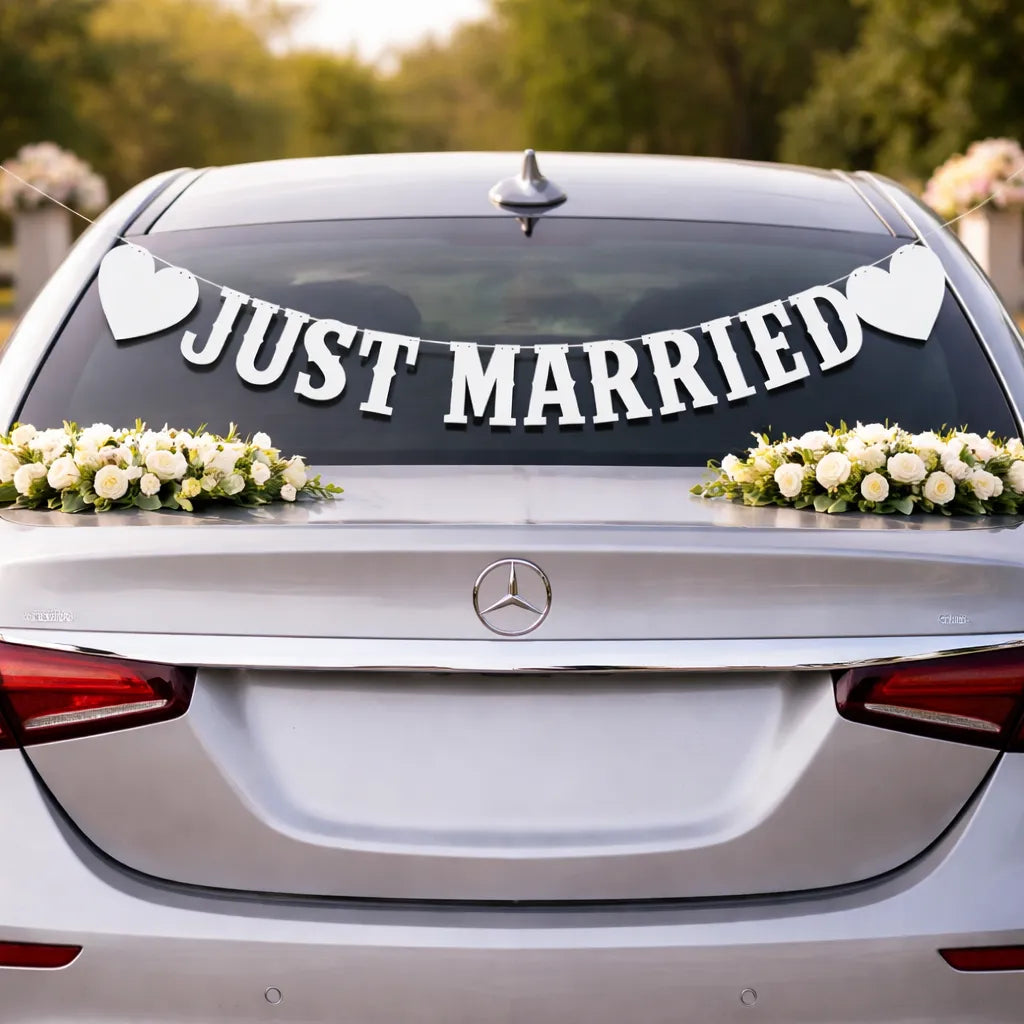 guirlande Just Married blanc voiture chic