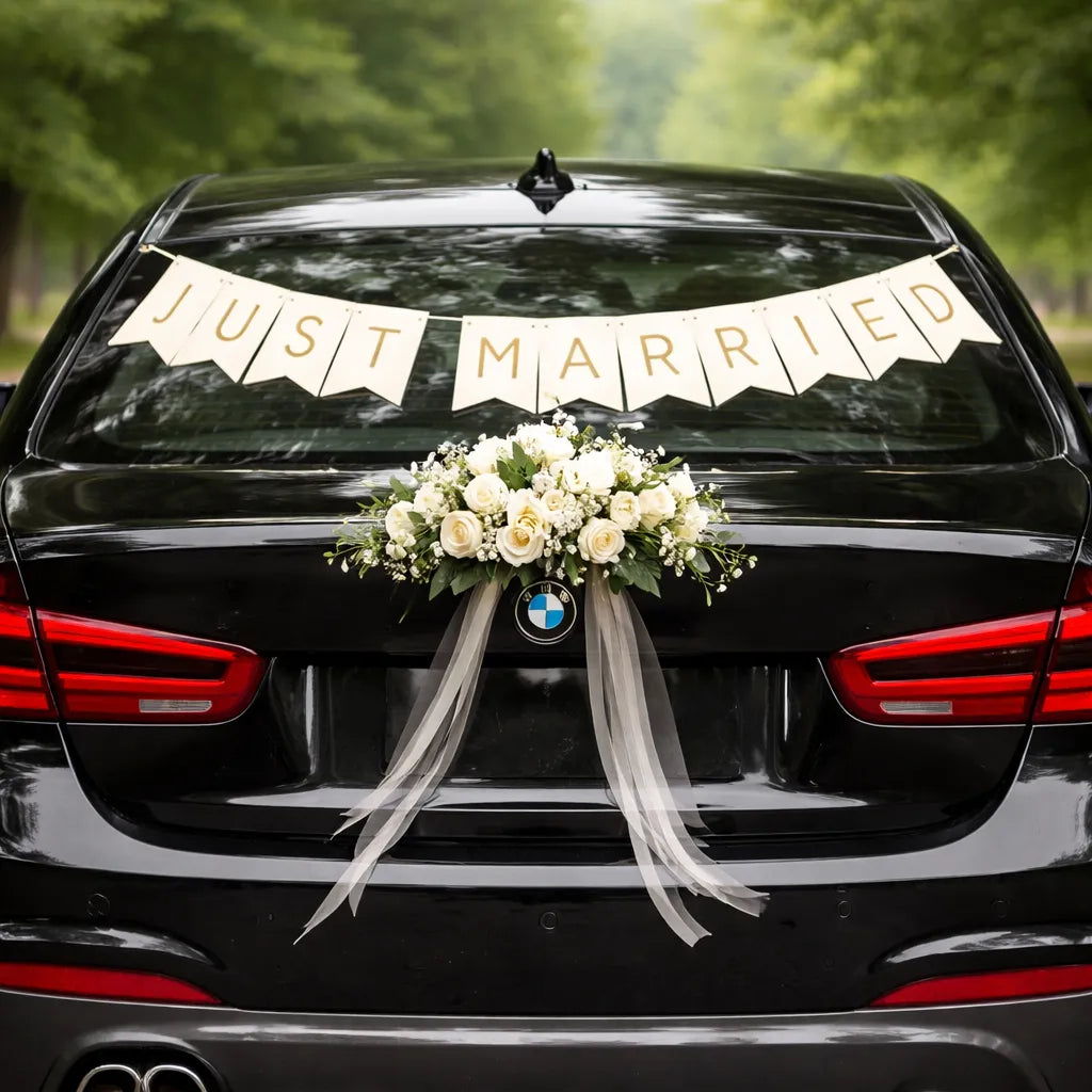 guirlande Just Married voiture blanc et doré chic