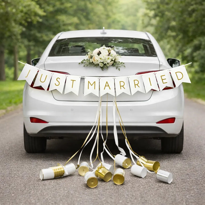 guirlande Just Married voiture blanc et doré sublime
