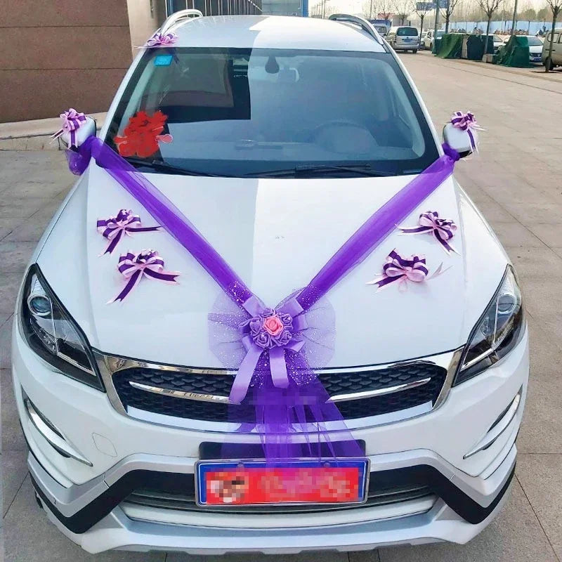 ruban et noeuds violets pour voiture mariage 