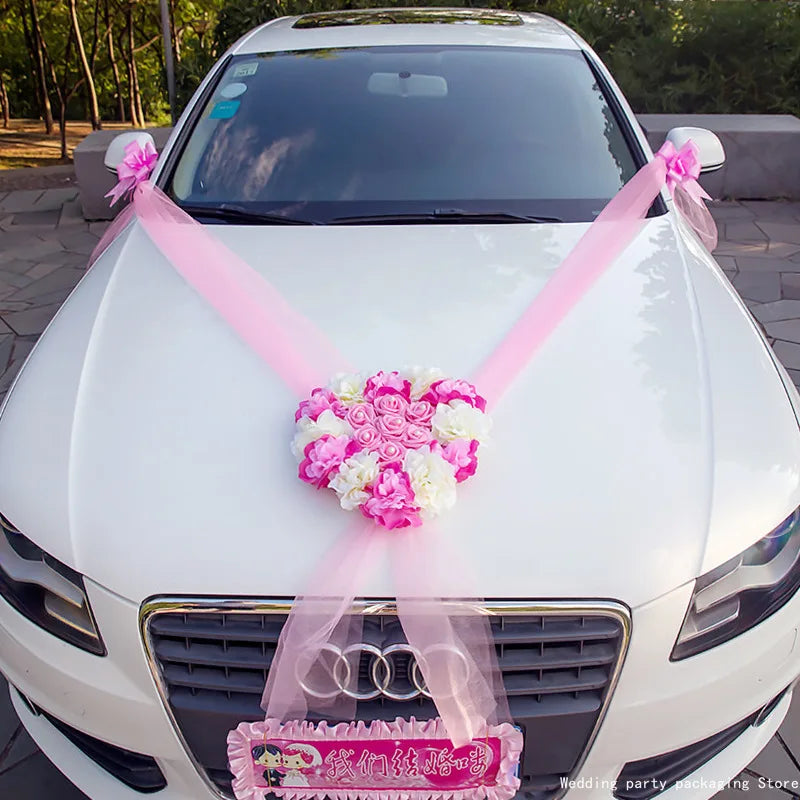 ruban rose à bouquet coeur voiture mariage