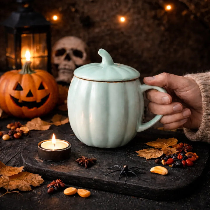 tasse citrouille bleu pastel à couvercle spécial