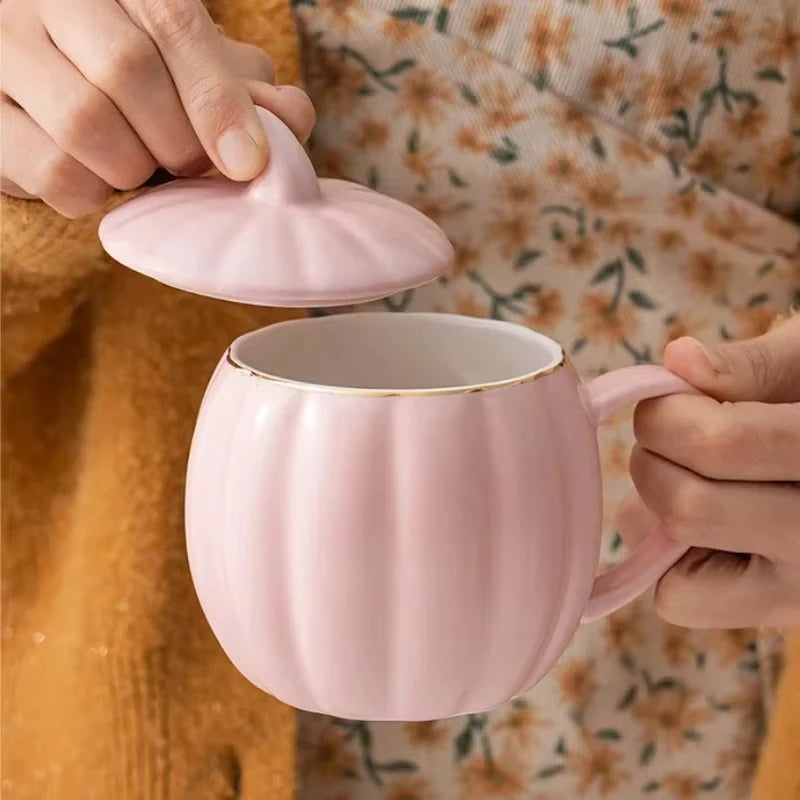 tasse citrouille minimaliste rose à couvercle 